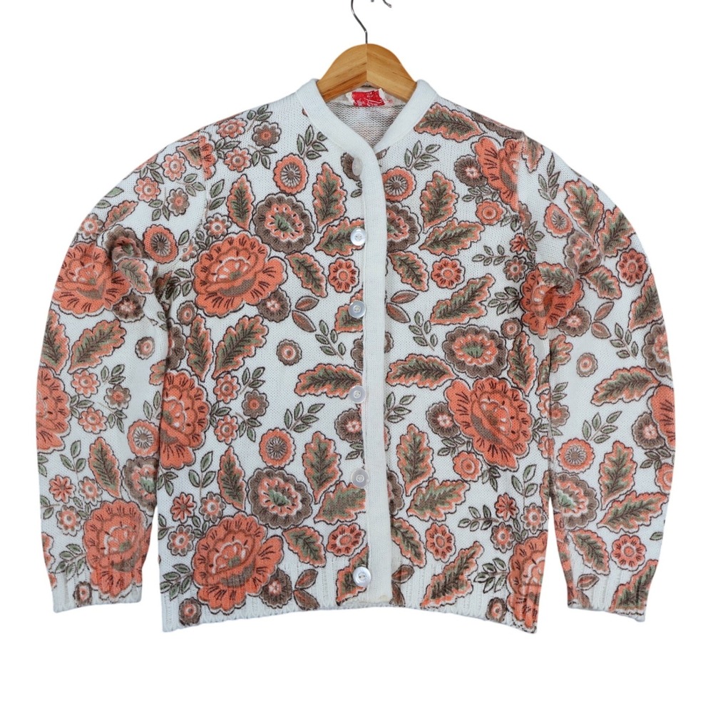 Miss Sue Cardigan Sweater Womens Medium White Orange Floral Orlon Vintage